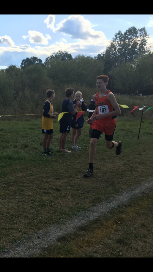 Sophomore Brennan Rylander approaches the finish line at the Waterford Cross Country Invitational.