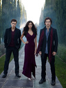 Ian Somerhalder (left), Nina Dobrev (middle), and Paul Wesley from "The Vampire Diaries" pose for a photoshoot for their series that ended in 2017.