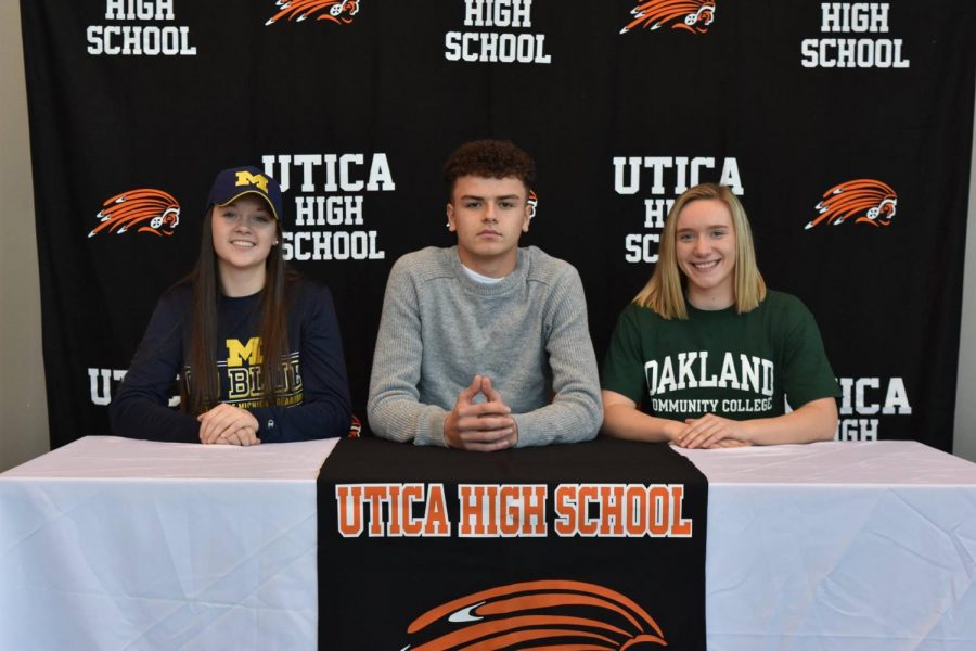 seniors Caitlyn Mauser, Marko Matovski and Lindsey Michol are ready to sign their commitment papers for college. 
Diann O’Connor photo
