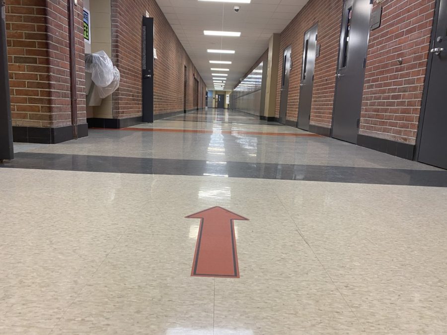 After heading up the stairway on the south end of the school, students must follow the one-way traffic indicated by arrows.