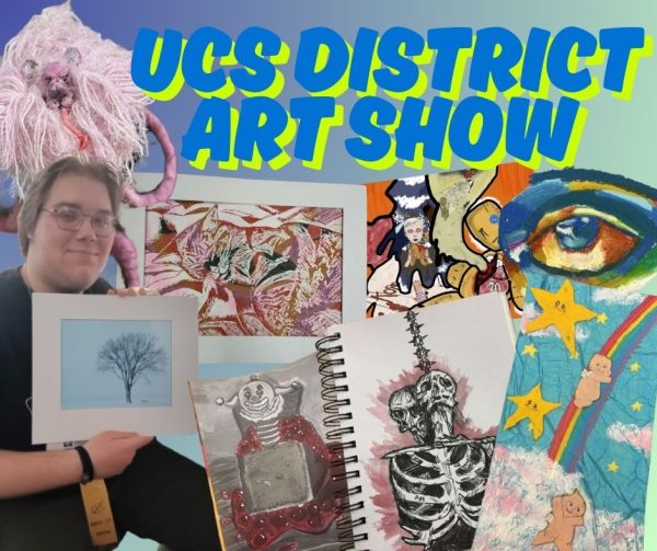 Graphic that features art from junior Isaac Hellebuyck, senior Le'Naiyah Garrett, senior Jalyssa Hash, and senior Abigail Skowronek from the 2024-25 school year.