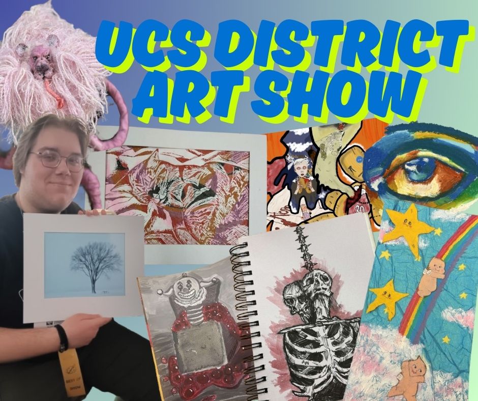 Graphic that features art from junior Isaac Hellebuyck, senior Le'Naiyah Garrett, senior Jalyssa Hash, and senior Abigail Skowronek from the 2024-25 school year.