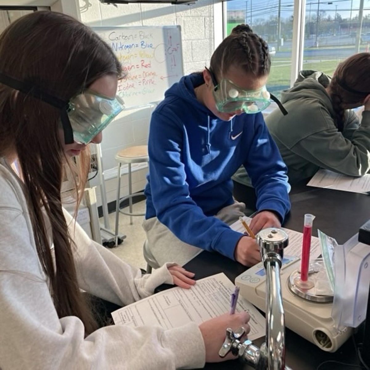 Photo of the Day #124!
Mr. Sader's chemistry class wrapped up their "Chemical Reactions" unit and their week of testing with an experiment called "Reaction in a Bag." In this lab, the students measured out sodium bicarbonate, calcium chloride, and phenol red; mixing it all together to show how the law of conservation of mass is followed during a chemical reaction. The students then observed multiple signs of chemical reactions such as heat, cold, color change, and formation of gas.