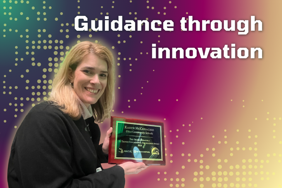 Teacher Karyn McConachie wins the Frank Miracola 21st Century Educational Excellence award for leading her students effectively in the use of technology in the classroom and in their lives.